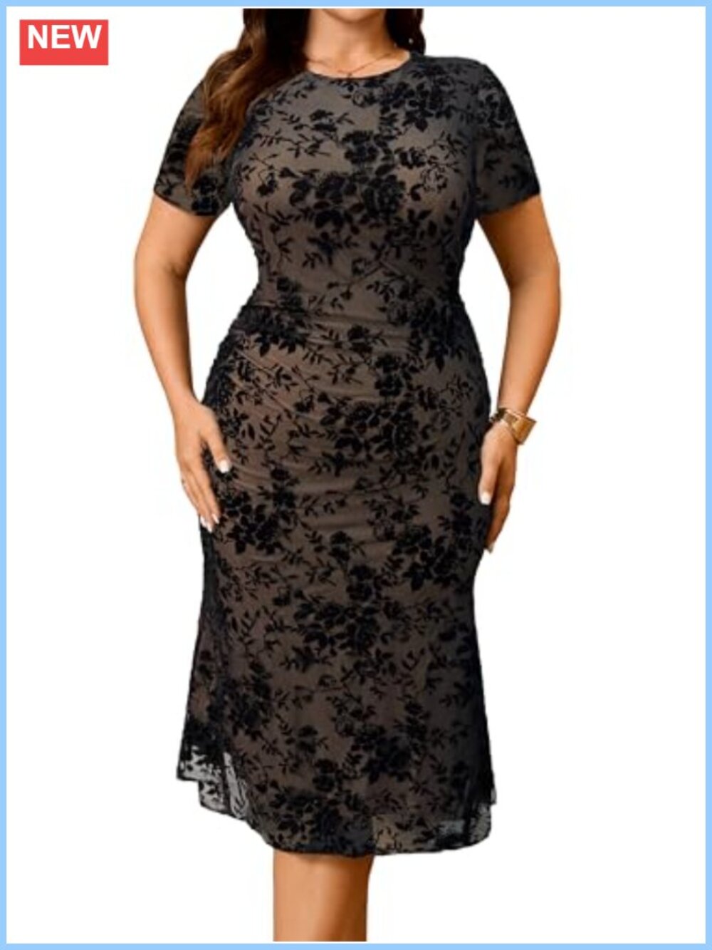 RWJ Women's Plus Size Wedding Guest Bodycon Dress Crew Neck Short Sleeve Mesh
